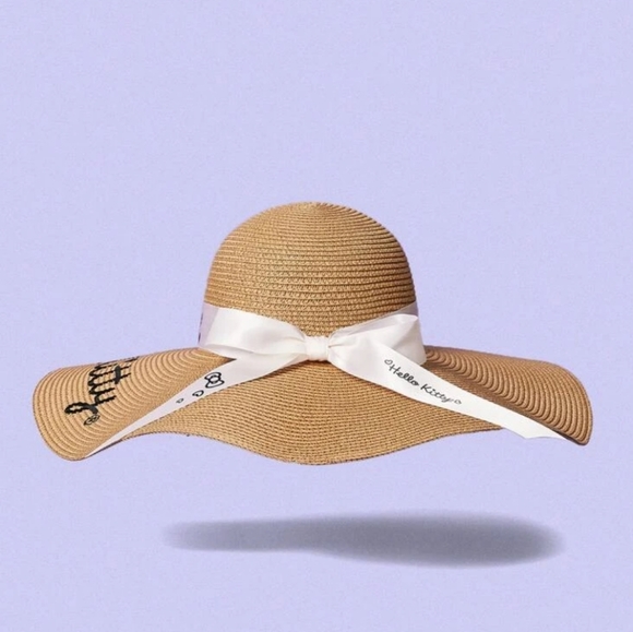 Hello Kitty Boho Wide Brim Floppy Straw Sun Hat Logo Ribbon Bow BRAND NEW - Picture 7 of 10